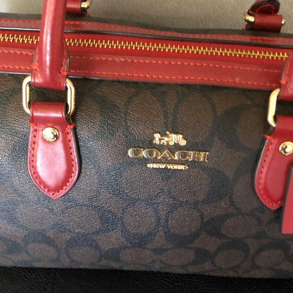 Coach Brown Signature Satchel with Red Trim and Handles - Picture 2 of 3